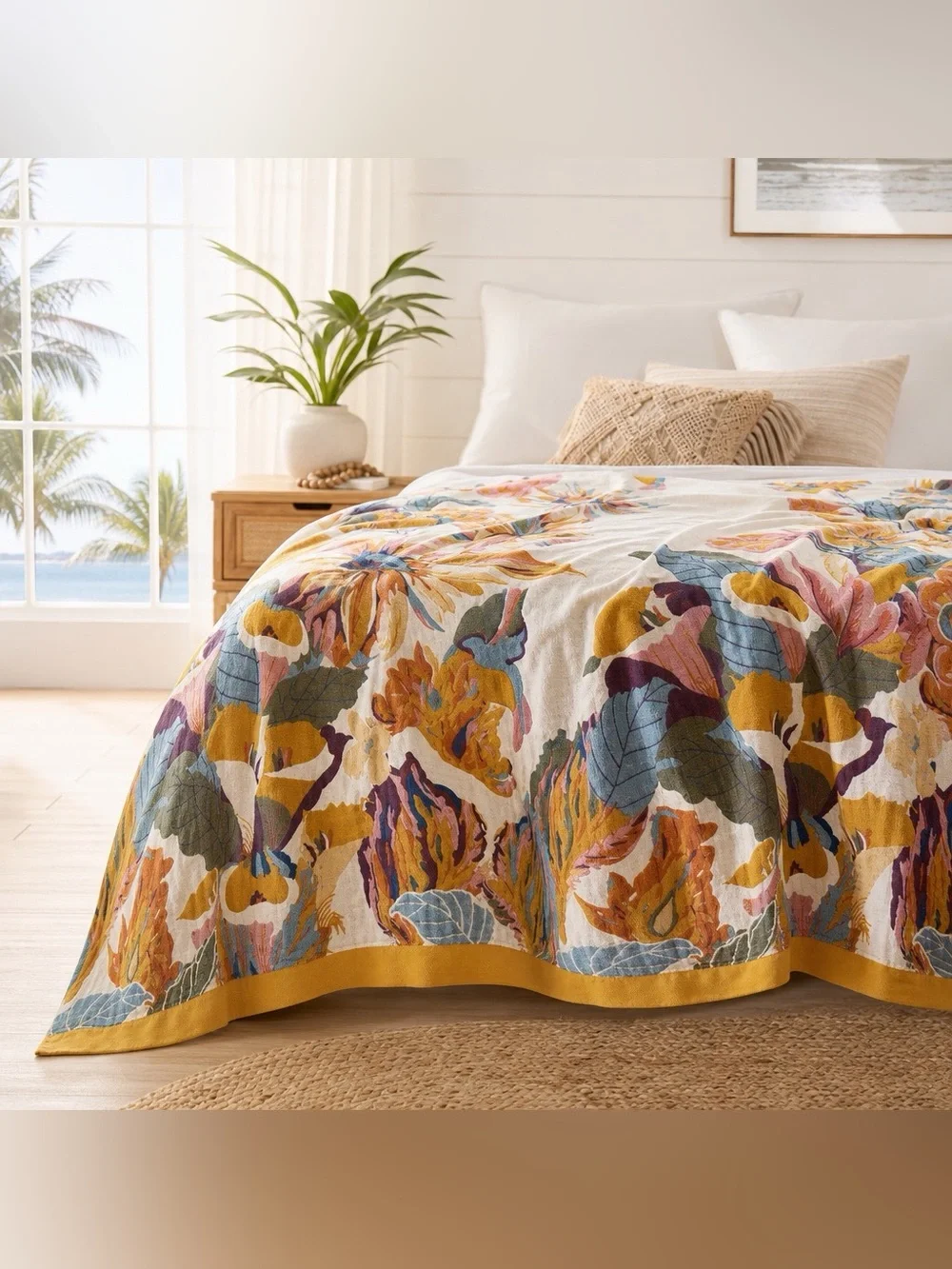 NEW Anthropologie Boho Bird Orange Floral Queen /  King Cotton Pillow Shams Set